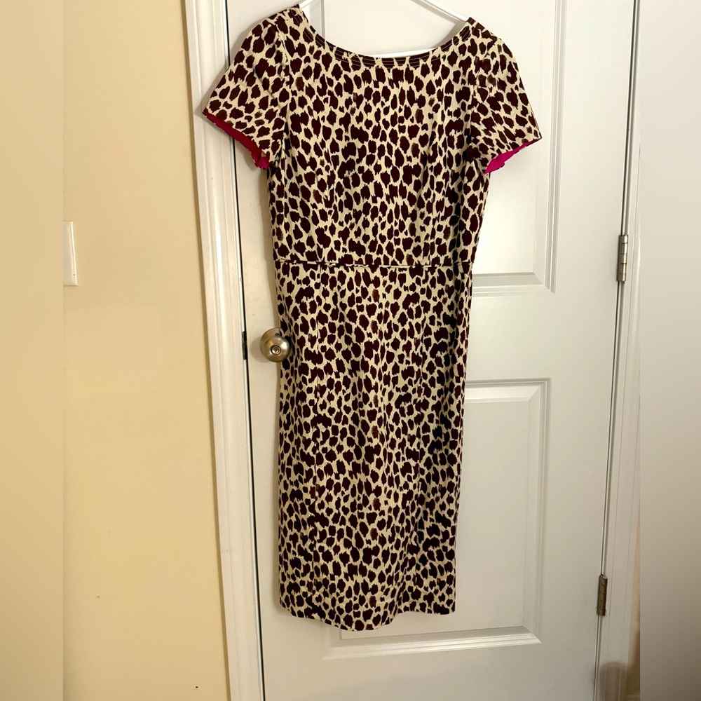 J. Crew fully lined leopard print short sleeve midi sheath dress size 12T EUC